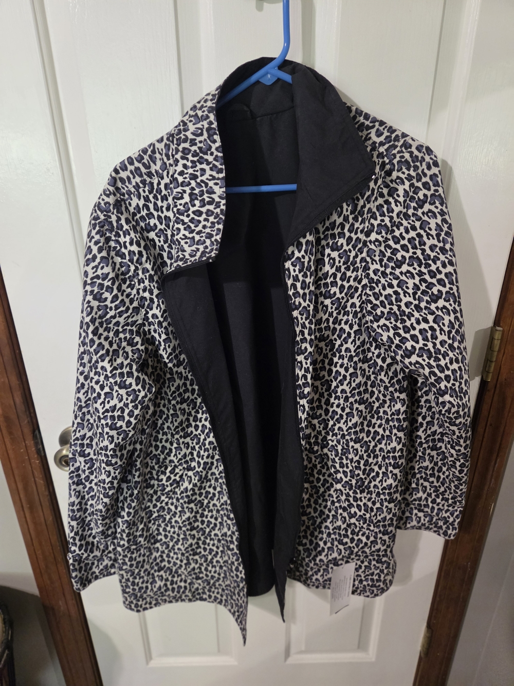 Leopard Print Open-Front Jacket in Navy and White - Women